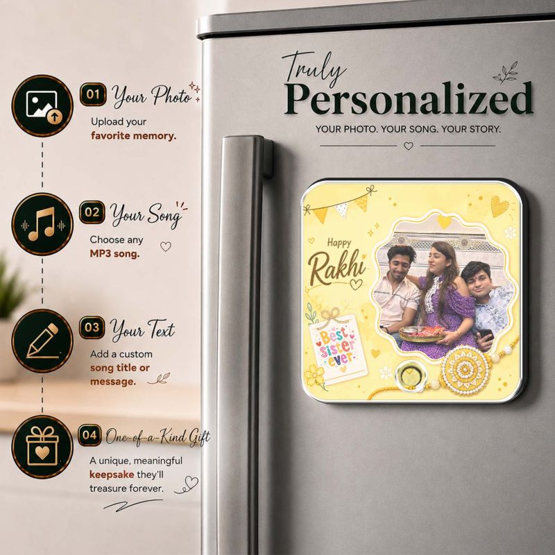 Personalized Rakhi Gift for Brother & Sister, Custom Musical Fridge Magnet with Photo & Song, Audio Message Gift Rechargeable Sound Magnet